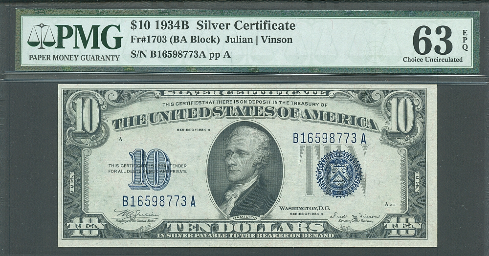 Fr.1703, 1934B $10 Silver Certificate, Choice CU, PMG63-EPQ